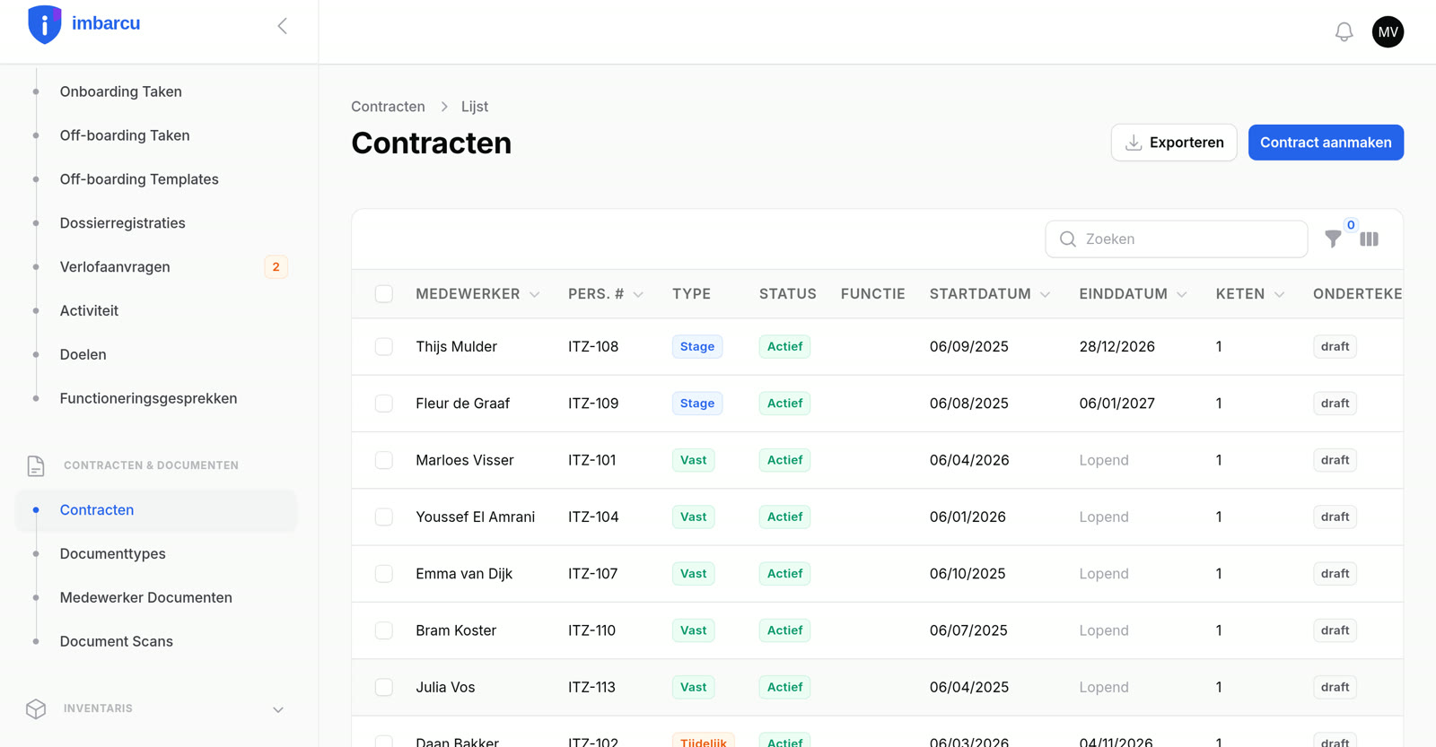 Het contractenoverzicht met type, status, einddatum en ketenstand